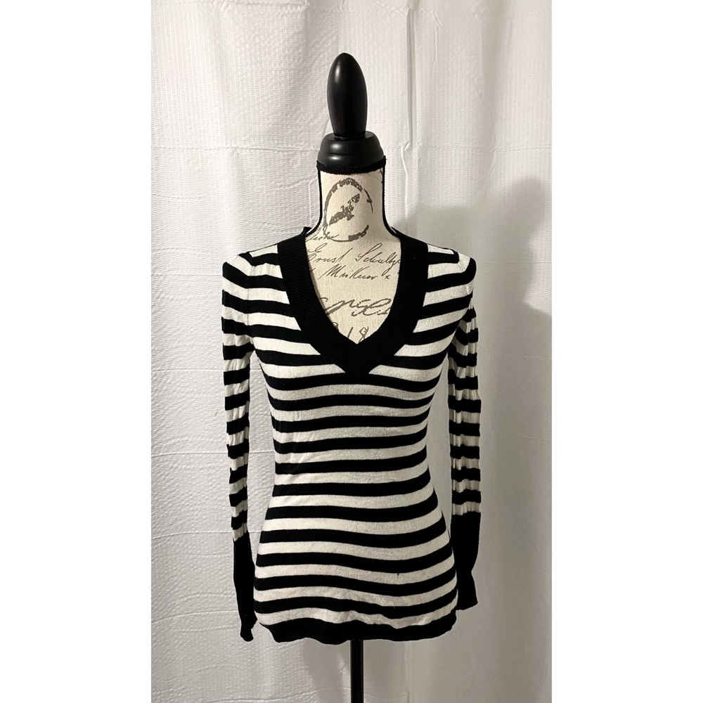 Lux Long Sleeve Black and White Striped V-Neck Sweater